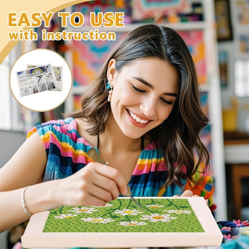 DOODLREAM Daisy Flower DIY Punch Needle Embroidery Kit for Adult Beginner, 9.4" Daisy Punch Stitching Craft Set for Starter with Frame, Fabric Pattern, Threader, Yarn, Pinch Needle - Image 3